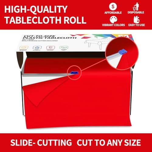 CXPSINC 54 Inch X 300 Feet Plastic Table Cover Roll Disposable Tablecloth with Slide Cutter for All Type/Shape Tables | Party, Banquet, Birthdays, Weddings(Red, 300 Feet)