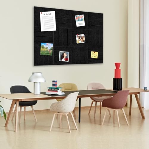 12 Packs Black Felt Pin Board, Large 12" Bulletin Board with 30 Push Pins, Felt Board Slat Wall Paneling for Office Home Kitchen, Self-Adhesive Corkboard Tiles for Classroom Message Photos Memos