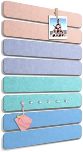Thboxes 8 Pack Felt Bulletin Board Strips, 13x2 Inch Self Adhesive Felt Pin Boards with 50 Pushpins and 10 Wooden Clips Push Pins, Cork Board for Walls Home Office Decor(Soft Macaron)