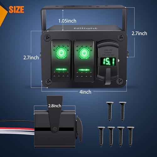Nilight 2 Gang Rocker Switch Box w/Voltmeter PD Type C and USB Socket