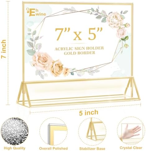 EHWINE 12 Pack Acrylic Sign Holder 5 x 7 Horizontal, Double-Sided Stand up Table Top Sign Holders, Gold Acrylic Picture Frame Menu Flyer Paper Holder Display Stand for Office Business Store Wedding Party