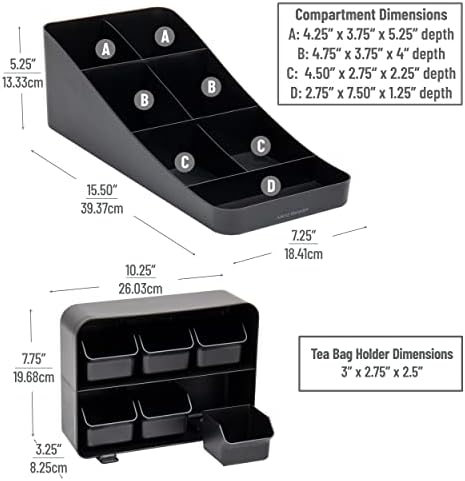 Mind Reader Tea Storage, Cup and Condiment Station, Set of 2, Countertop Organizer, Kitchen, 7.25"L x 15.5"W x 5.25"H, Black