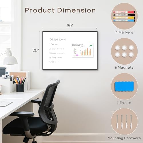 Large Magnetic Whiteboard, 30" x 20" Dry Erase White Board for Wall