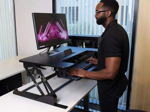 Monoprice Height‑Adjustable Gas Spring Dual Handle Sit‑Stand 36-inch Workstation Desk Converter with Keyboard Tray, High Strength Steel Frame, Waterproof Surface