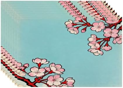 Batmerry Shabby Chic Cherry Blossom Linen Placemats Set of 8, Red Black Cherry Branch Washable Table Mats for Kitchen Table Thickened Heat Insulation Dining Set Indoor Outdoor 12X18 in