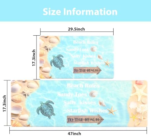 Coastal Kitchen Mats for Floor Beach-Themed Cushioned Anti Fatigue Mats for Kitchen Floor for Sink, Stove, Desk, Laundry,17"x30"+17"x47", Lake Blue