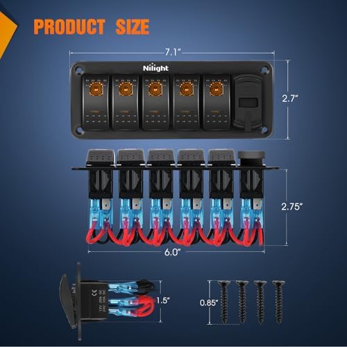 Nilight 5 Gang Rocker Switch Panel with PD Type C and USB Charger Voltmeter