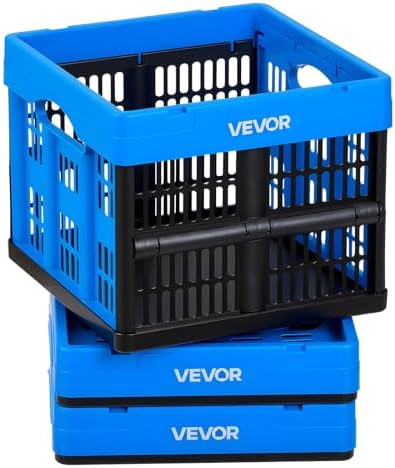 VEVOR Plastic Collapsible Storage Bins, 25L 3 Packs, Stackable Folding Storage Crates with Handles, Holds 22 lbs Per Bin, Foldable Heavy Duty Containers, Space-Saving Baskets, for Home Organizing