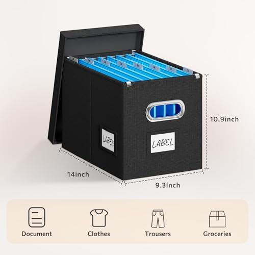 FHSQX 2Pack File Box with Lid, Black, 14 x 9.3 x 10.9 in | File Organizer Box, Portable Hanging File Box, Decorative Filing Storage Boxes, For Office & Home File Cabinet