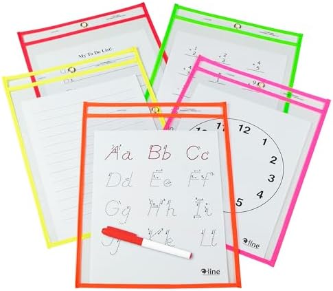 C-Line Reusable Dry Erase Pockets, 9 x 12 Inches, Assorted Neon Colors, 25 Pockets per Pack (40820)