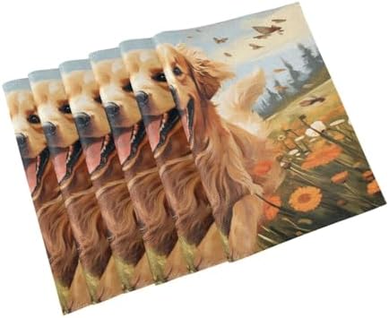 ALAZA Happy Golden Retriever in Flower Field Set of 4 Placemats Rectangle Table Mat for Dining Table Restaurant Kitchen Home Decor, 12" x 18"