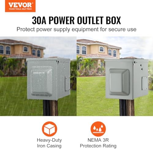 VEVOR 30 Amp RV Power Outlet Box, 125/250 Volt, Enclosed Lockable Outdoor RV Receptacle Box, NEMA TT-30R Weatherproof Electrical Panel, for RV Camper Trailer Motorhome Electric Car
