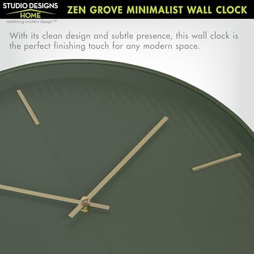 Zen Grove Minimalist Wall Clock, 15.75” Modern Green Wall Clock with Gold Accents, Subtle Stripe Face, Quartz Movement, Glass Cover, Contemporary Home Décor