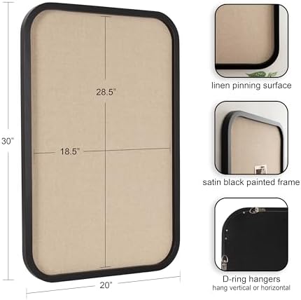 Kate and Laurel Hutton Transitional Wall Pinboard, 20 x 30, Black, Modern Rounded Rectangle Wall Organizer for Use as Cork Board, Vision Board, or Bulletin Board