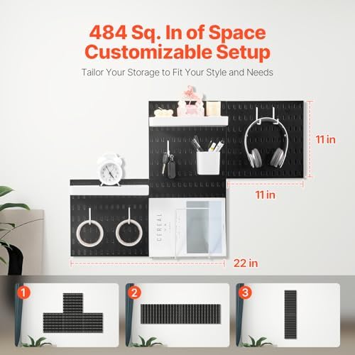 VEVOR Pegboard Combination Kit, 11" x 11" Plastic Pegboard, 4 Panels, Peg Board Wall Organizer Kit with Accessories, for Garage Tool Storage Kitchen Living Room Craft Room Office Bathroom Home, Black