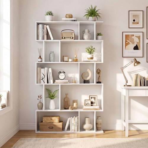 Giantex 5-Tier Bookshelf, 10-Cube White Geometric Bookcase with 5 Closed-Back Cubbies, Anti-toppling Kits, Open Display Storage Shelf for Living Room, Home Office, Bedroom