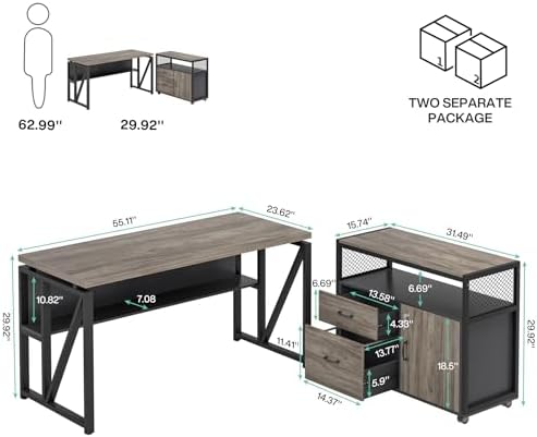 Tribesigns Office Desk with Drawers Sets, 55 inches L Shaped Computer Desk with Mobile File Cabinet,Big Executive Desk for Home Office Furniture Sets (Dark Oak, 55-inch)