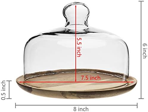MyGift 7.5 Inch Glass Cloche Dome Dessert Tray with Acacia Wood Base