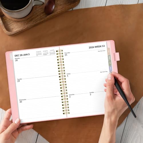 SUNEE 2027 Weekly & Monthly Planner 6.2"x8.5"- 12 Month (January 2027 - December 2027), Vegan Leather Cover, Pocket, Bookmark, Notes, Monthly Tab, Peach Pink