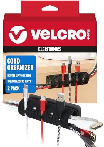 VELCRO Brand Cord Organizer, 5 Cable Slots, Wire Management, Black, 2 Pk