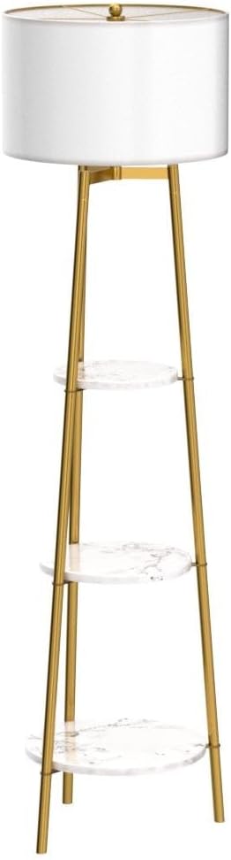 ROSEN GARDEN Floor Lamp, Standing Reading Light with Faux Marble Shelves and Fabric Shade, Modern Tall Pole Lamp, Accent Furniture Décor Lighting for Living Room, Bedrooms