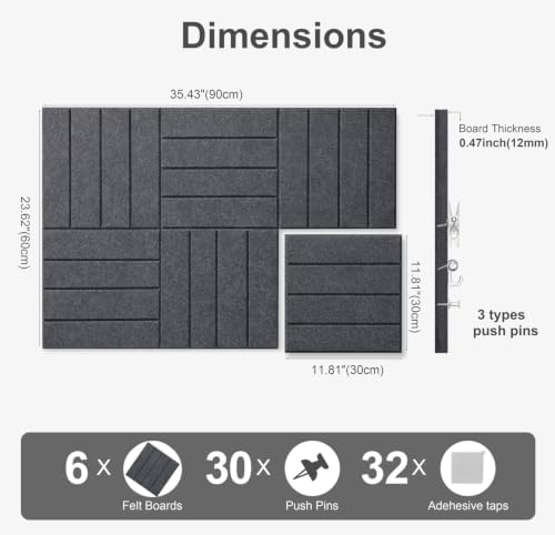 0.47" Thick Felt Wall Tiles 36"x24" Cork Board Alternative 6 Pack 11.81"x11.81"Felt Bulletin Board Pin Board with Removable Adhesive tape&30 Pushpins for Home Office School(Bold-Charcoal Grey)