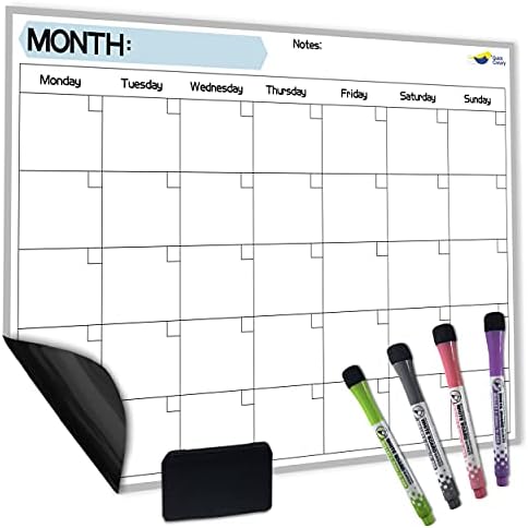 Large Magnetic Calendar for Refrigerator, Dry Erase Whiteboard Magnet | 17x12" Stain-Resistant Surface, Strong Full-Back Magnet, Monday-Start Monthly Planner for Meals & Chores, 4 Markers & Eraser