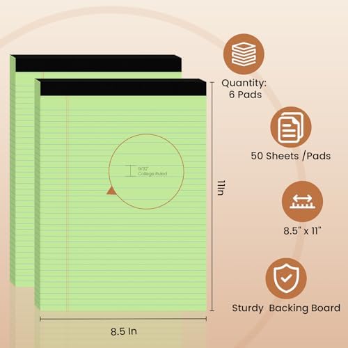 6pcs Legal Pads 8.5 x 11, Perforated Colored Notepad 8.5x11, 50Sheets/Pad
