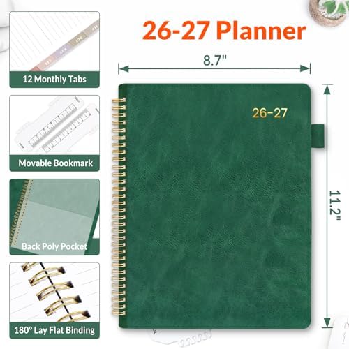 SUNEE 2026-2027 Weekly & Monthly Planner 9"x11.2" - 12 Month (July 2026 - June 2027), Vegan Leather Cover Planner Academic Year Calendar, Pocket, Notes, Monthly Tab, Deep Green