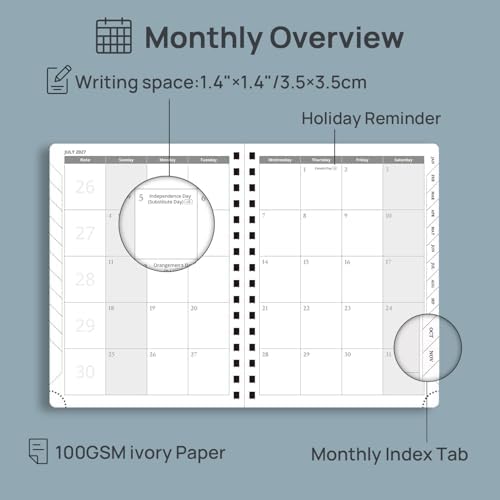 POPRUN 2027 Planner Daily Weekly and Monthly Calendar with Hourly Schedule(Medium Size 8.5'' x 6.25'' Wire-Bound Hard Cover) - Agenda 2027 (Jan.2027-Dec.2027), Monthly Tabs - Pacific Green