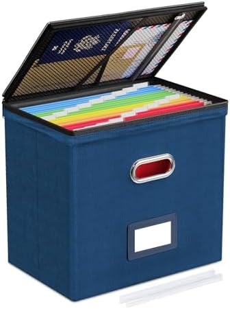 Oterri File Box Small 1-Pack Mesh Pockets Hanging Organizer for Letter-Size | Dustproof Lid. 3 Mesh Pockets. Collapsible Scratch-Resistant GRS Linen. Slide Rails. Office, Home, Dorm