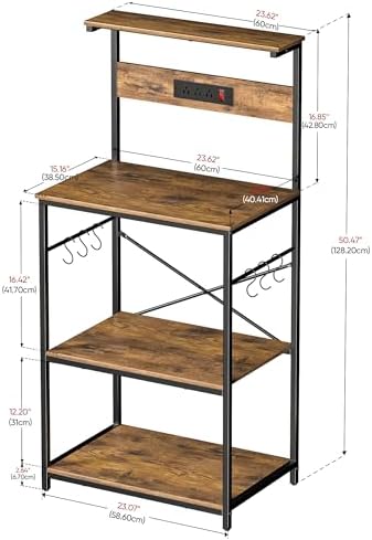 VUSIGN Kitchen Bakers Rack with Power Outlet, 4 Tiers Microwave Stand with Storage, 23.6 Inch Coffee Bar Station with 6 S Hooks, Adjustable Shelf Rack for Pots/Pans/Spices, Rustic Brown