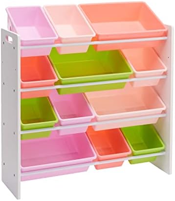 Amazon Basics Kids Toy Storage Organizer with 12 Plastic Bins, White Wood with Pink Bins, for Bedroom and Playroom, 33.85"D x 12.79"W x 35.42"H