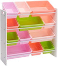 Amazon Basics Kids Toy Storage Organizer with 12 Plastic Bins, White Wood with Pink Bins, for Bedroom and Playroom, 33.85"D x 12.79"W x 35.42"H