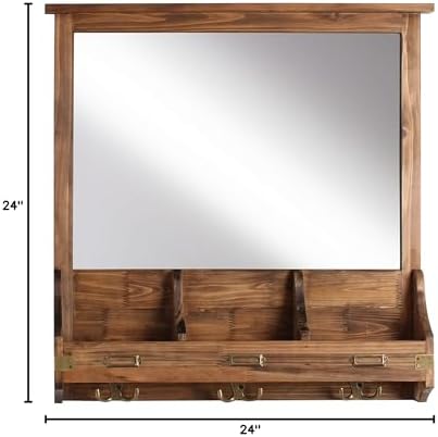 Kate and Laurel Stallard Decorative Rustic Wood Home Organizer with Mirror, Pockets, and Key Hooks, Rustic Brown