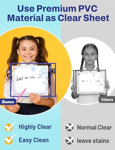 SUNEE 100 Packs Oversized Reusable Dry Erase Pocket Sleeves with 5 Rings, 10 Assorted Colors 10x14 Ticket Holders, Clear Plastic Sheet Protectors, Teacher School Classroom Supplies