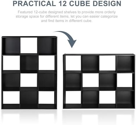 SUPER DEAL 12 Cube Storage Organizer, Open Shelf Bookcase, Wood Cubical Shelves Closet Cabinet Display Unit with 6 Removable Back Panels for Living Room Bedroom, 47 inch Wide, Black