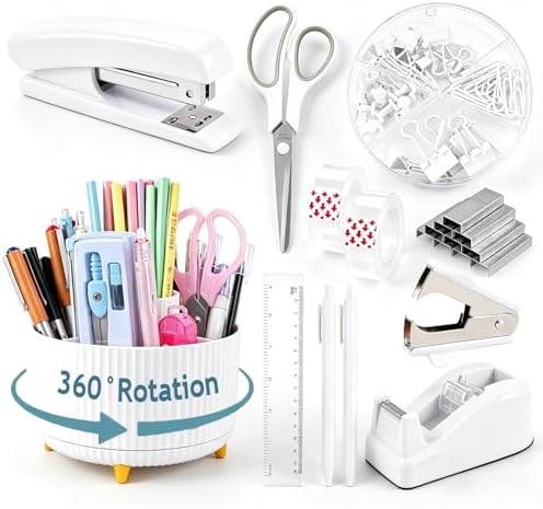 Gawsey White Desk Organizers and Accessories with Desk Organizer 360° Rotating Pen Holder and Office Supplies, Cute Stationery Supplies Set