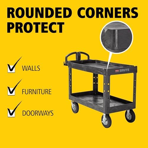 Rubbermaid Commercial Products BRUTE Heavy Duty 2-Shelf Utility/Service Cart, Pneumatic Casters, Medium, Lipped Shelves, Ergonomic Handle, 750 lb Capacity, Black, for Warehouse/Garage/Cleaning/Office