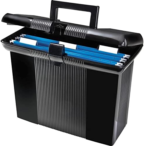 Pendaflex Portable File Box with File Rails, Hinged Lid with Double Latch Closure, Black, Includes 3 Letter Size Hanging Folders (41732)