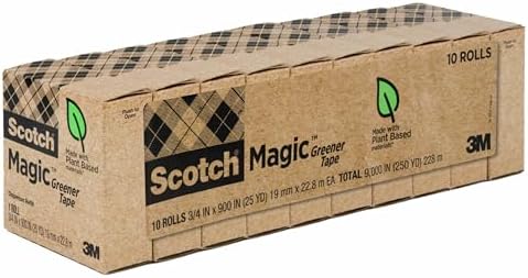 Scotch Magic Greener Tape, 10 Rolls, Numerous Applications, Invisible, Engineered for Repairing, 3/4 x 900 Inches, Boxed (Pack of 12)