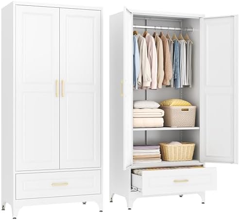 SteeLoong 71”H Metal Wardrobe Cabinet,Armoire Wardrobe Closet with Drawer