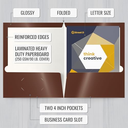 Better Office Products 2 Pocket Glossy Laminated Brown Paper Folders, Box of 25, Letter Size, Brown Paper Portfolios