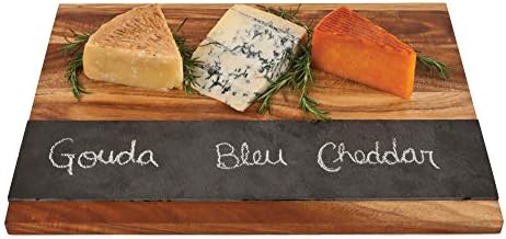Twine Rustic Farmhouse Wood with Slate Cheese Board and Chalk Set, Acacia Wood and Natural Slate Cutting Board, Soapstone Chalk, 15" by 11", Gourmet Gift Set