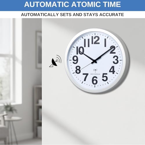 Wall Clock – 12" Atomic Analog Wall Clock with Large Numbers | Battery Operated, Radio Controlled with Automatic Daylight Saving Time | Silver Trim
