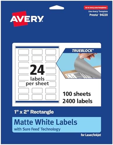 Avery TrueBlock Matte White Rectangle Labels, Sure Feed Technology, 1" x 2", 2,400 Matte White Labels, Print-to-The-Edge, Laser/Inkjet Printable, Great for Packaging and Product Merchandising