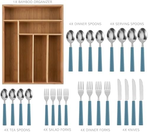 COOK WITH COLOR Bamboo Kitchen Utensil Set with Drawer Organizer | Cooking Tools and Storage Caddy, Blue, 25 Piece Cutlery Set