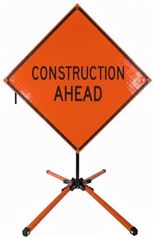 Traffic Roll-Up Sign Kit with Stand – Collapsible Safety Sign & Heavy-Duty Portable Stand, High Visibility, Easy Setup (Construction Ahead, Reflective)