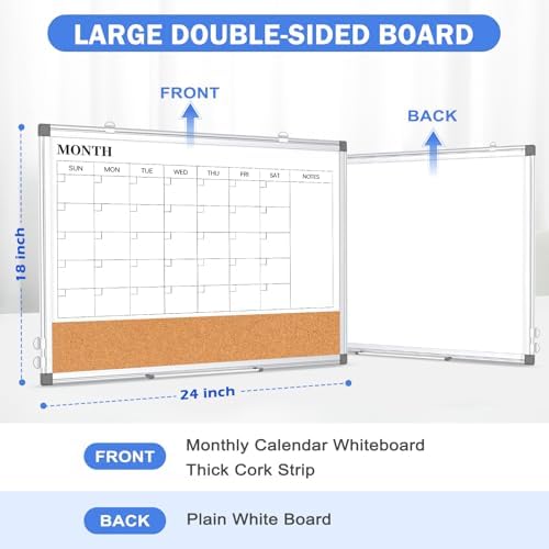 Dry Erase Calendar Whiteboard for Wall, 24" x 18" Monthly Cork White Board