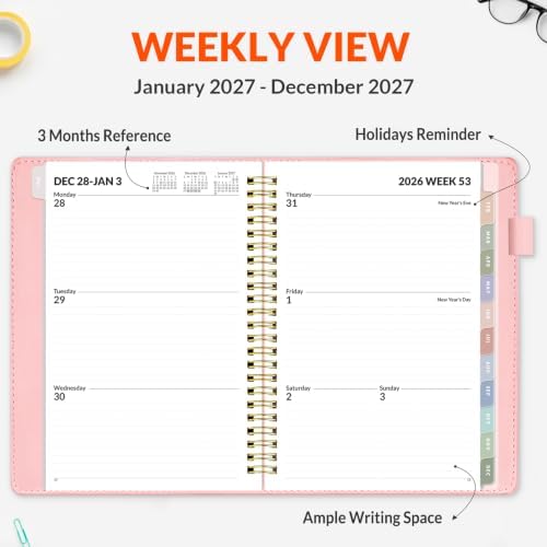 SUNEE 2027 Weekly & Monthly Planner 6.2"x8.5"- 12 Month (January 2027 - December 2027), Vegan Leather Cover, Pocket, Bookmark, Notes, Monthly Tab, Peach Pink